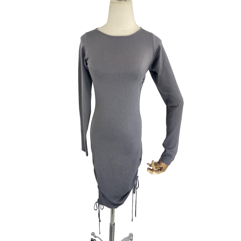 NBD Dress Womens Small Gray Ruched Long Sleeve Bodycon Knit Midi Sweater Style